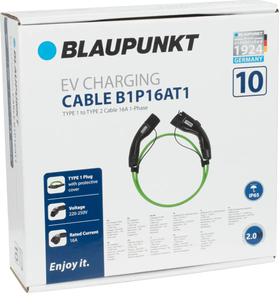 Blaupunkt EV Charging Cable B1P16AT1-2 - Type 1 to Type 2 Cable 16A 1P