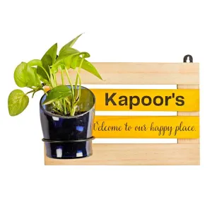 Customised Yellow Living Name Board With Antiquity Planter