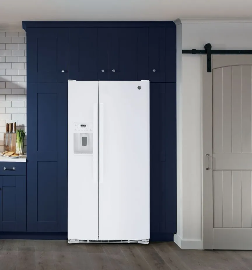 GE White 33" Side-by-Side Refrigerator with Ice & Water Dispenser (23 Cu. Ft.)- GSS23GGPWW