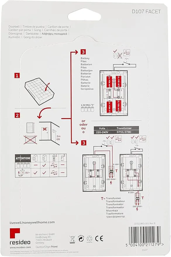 Honeywell D107 Facet Classic Wired Doorbell, Applicable