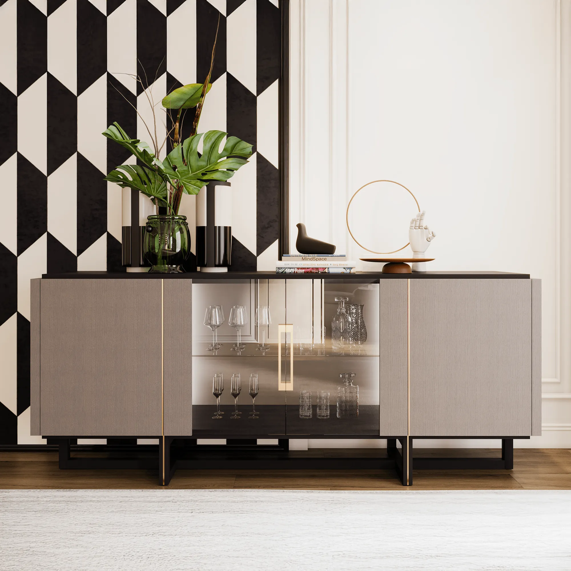 Porto - 4 Door Sideboard With Oak Front, Top & Feet