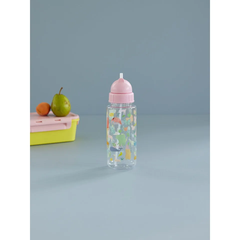 Rice DK Plastic Kids Drinking Bottle - Sweet Jungle Print with Soft Pink Lid - 450ml