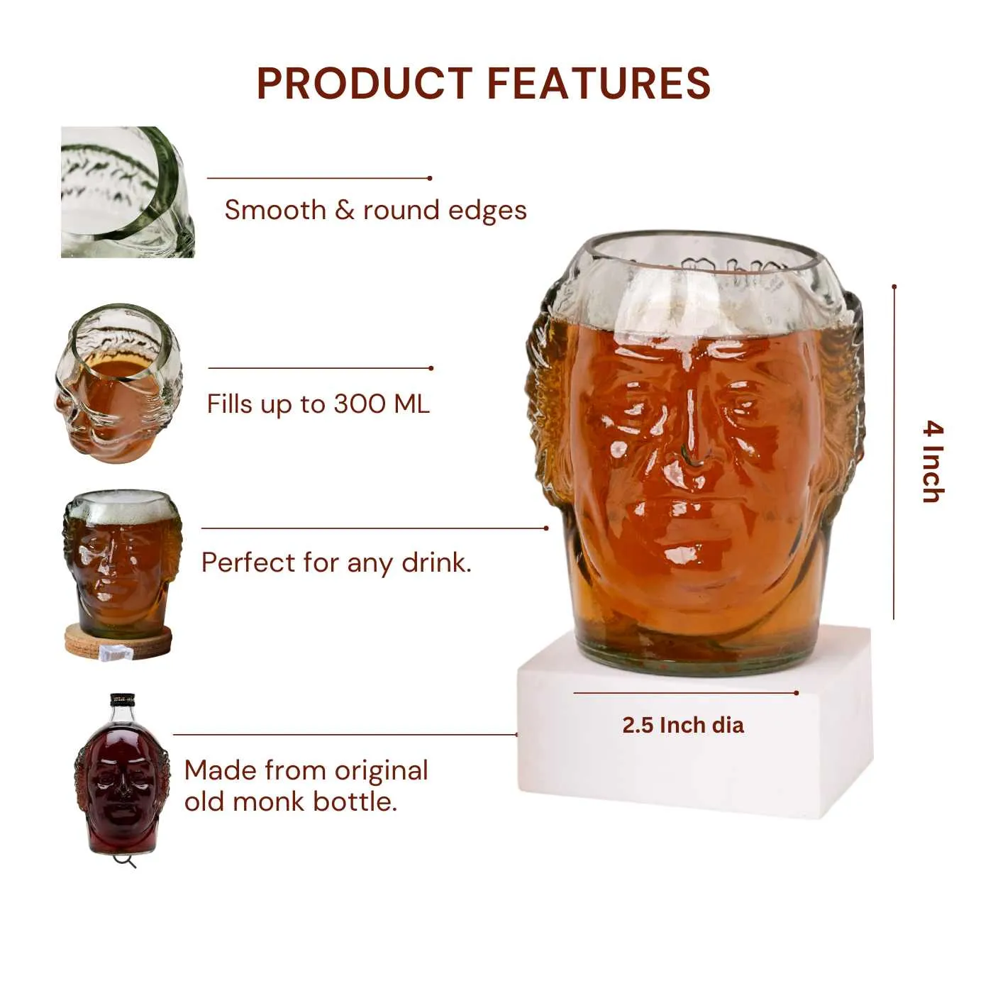 Small Old Monk Face Glasses 300ML (Set of 4)